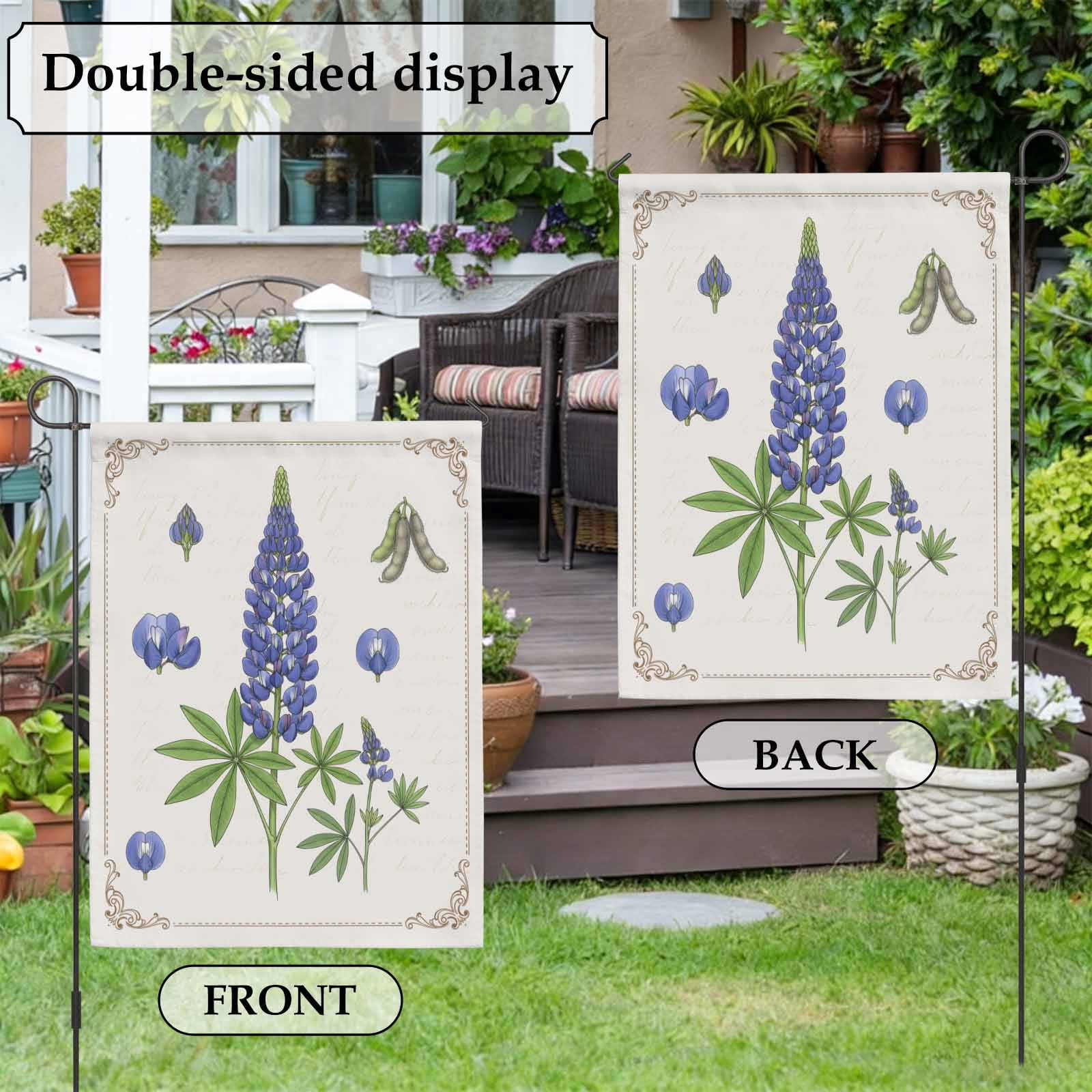 Blue Lupins House Flag 28 x 40 Inches, Country Pastoral Watercolor Flowers Green Leaf Weather Proof Outdoor Patio Flags Double Sided Small House Decoration for Yard Lawn Outside Home