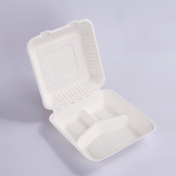 GoGradables 8" Clamshell Compostable Boxes 3-Compartments  – 200 Count (2 Packs of 100) | Eco-Friendly Sugarcane Bagasse Food Containers
