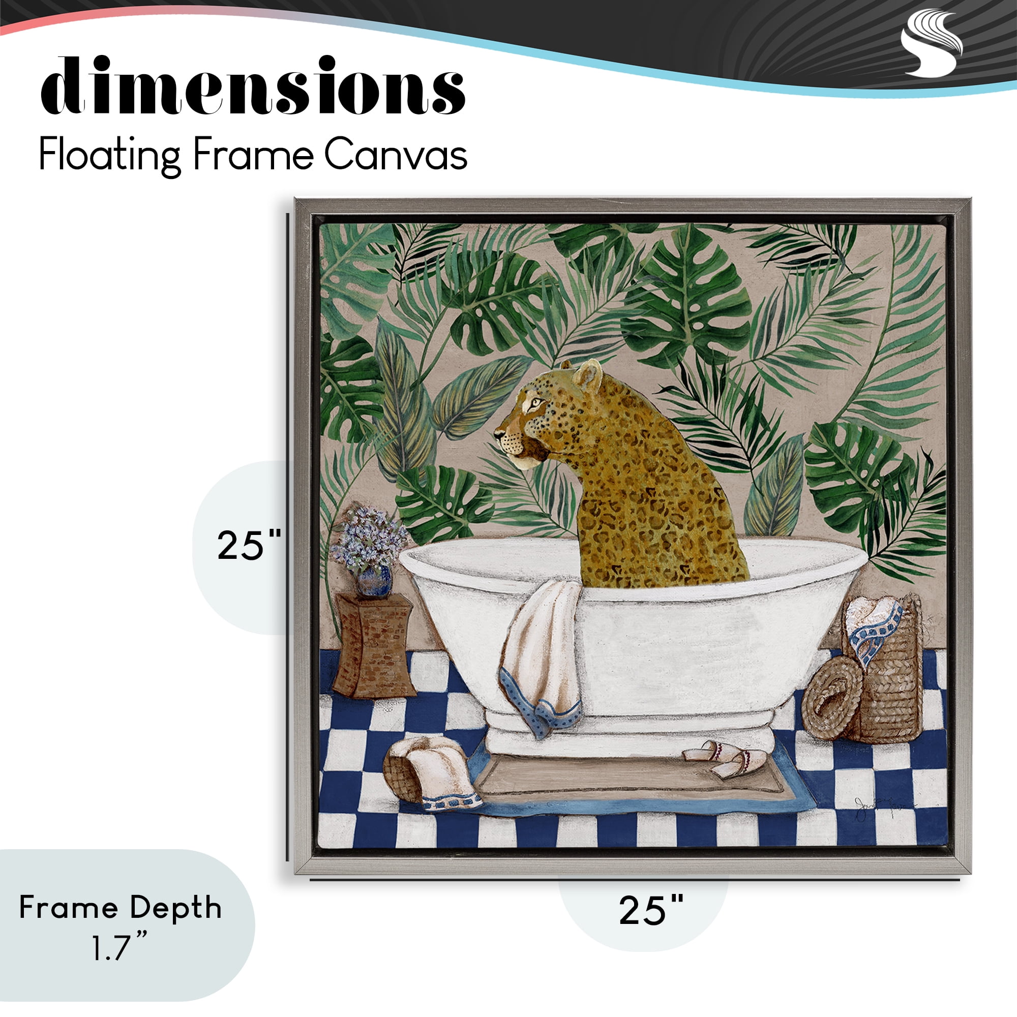 Stupell Industries Leopard in Tropical Bathtub Gray Framed Floater Canvas Wall Art, design by Janet Tava