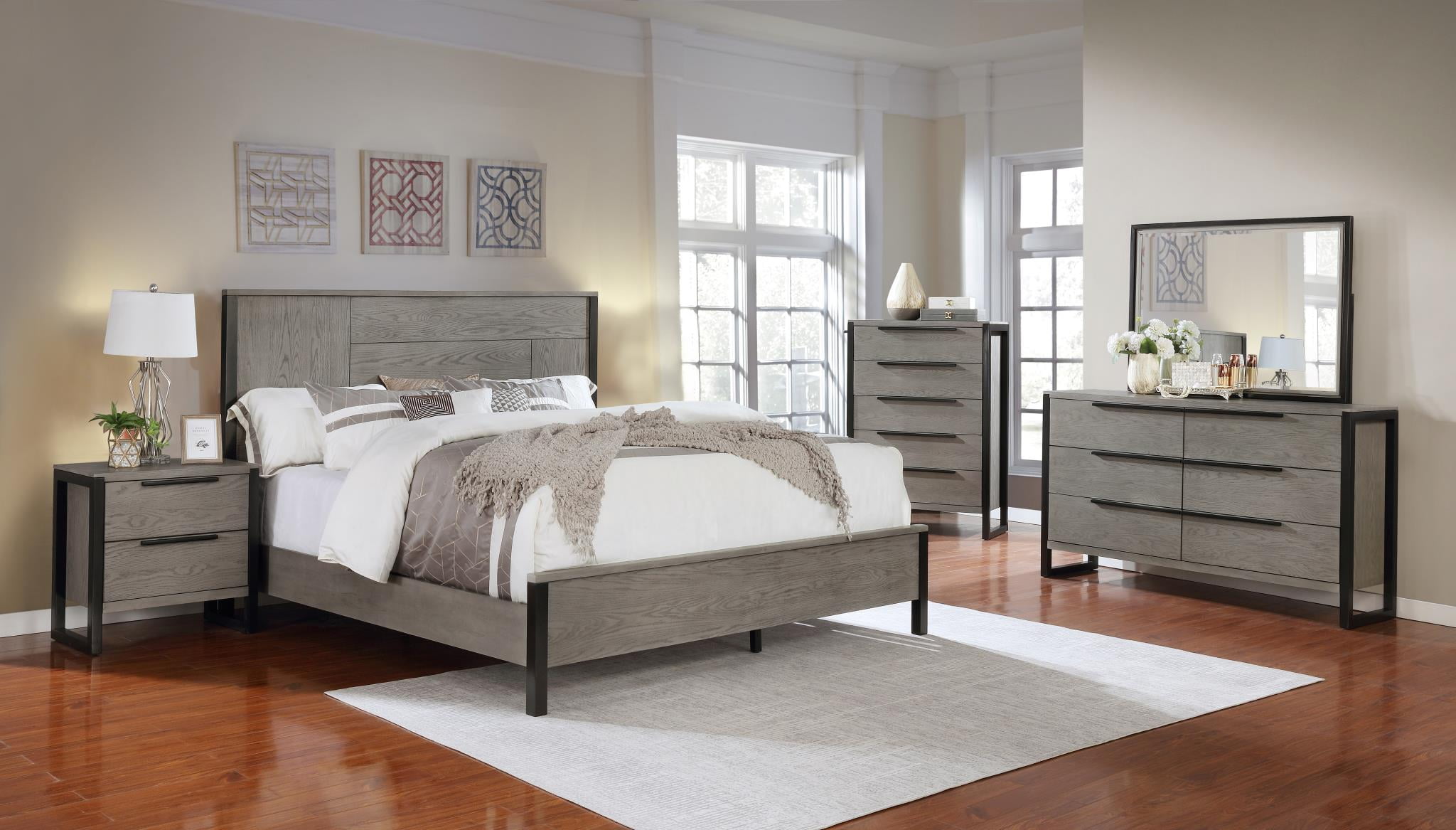 Stylish Modern Furniture Bedroom Set Queen Size Bed Dresser Mirror Nightstand Set 4Pc Gray Wood