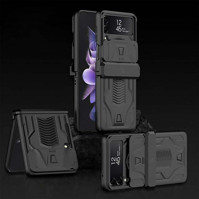 for Samsung Galaxy Z Flip 4 Magnetic Hinged Folding Case, Military Grade Armor Sliding Lens Cover Raised Lip Protection Anti-Drop Shockproof Rugged Case For ZFlip 4 6.7 inch, Black