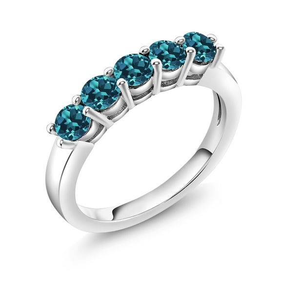 Gem Stone King 1.10 Cttw London Blue Topaz 5-Stone Wedding Anniversary Band Ring for Women | 925 Sterling Silver | Gemstone Birthstone | Wedding Engagement Anniversary Promise Ring for Women | Size 5