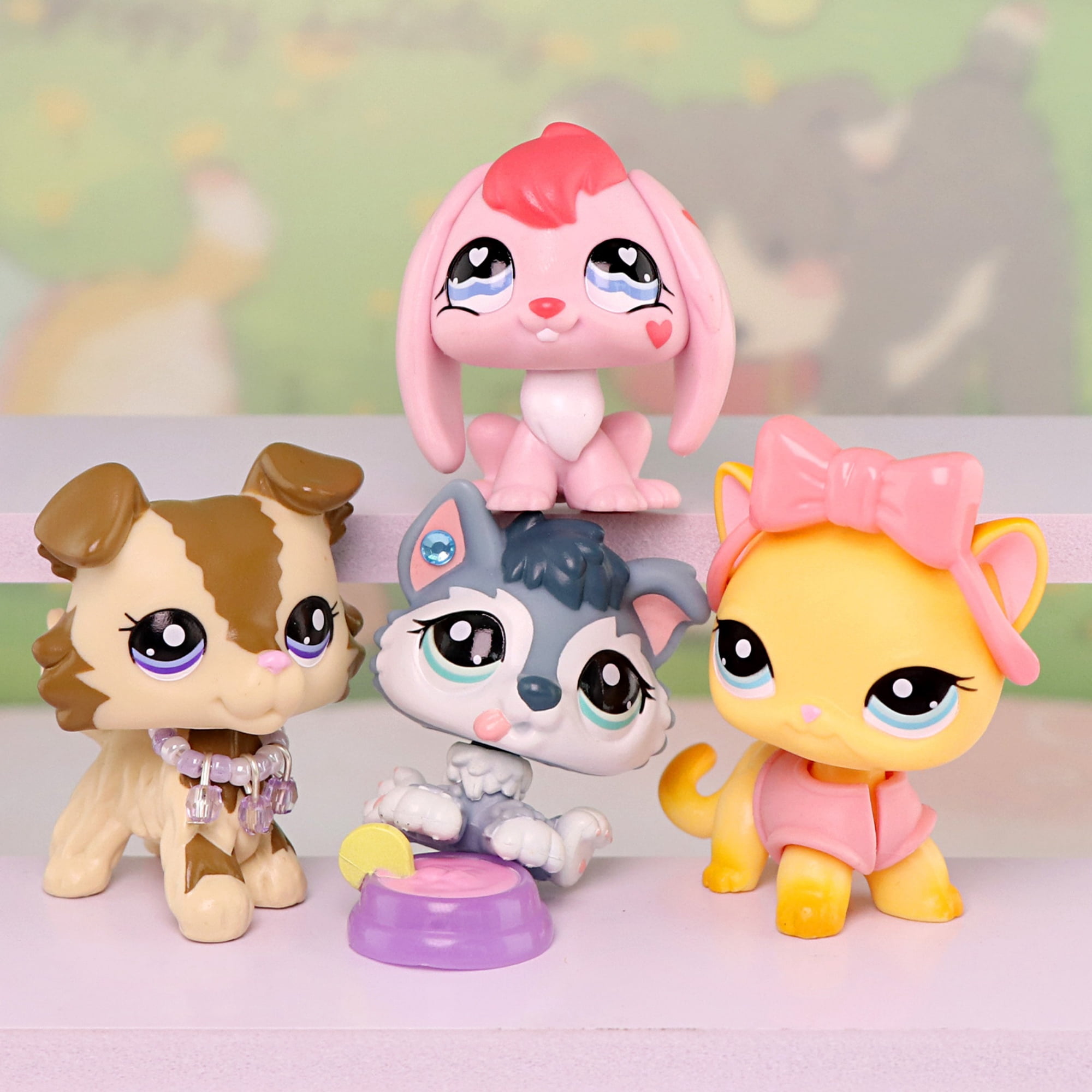4pcs Mini Pet Toys Bunny Rabbit Collie Short Hair Cat Husky Puppy with Accessories,Gift for Kids