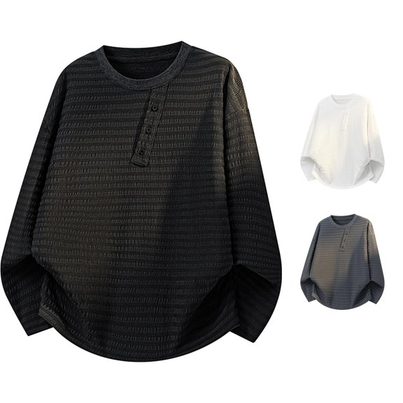 Afdoent Mens Long Sleeve T-Shirt Casual Crew Neck T Shirt With Placket Design Comfortable Basic Top Streetwear