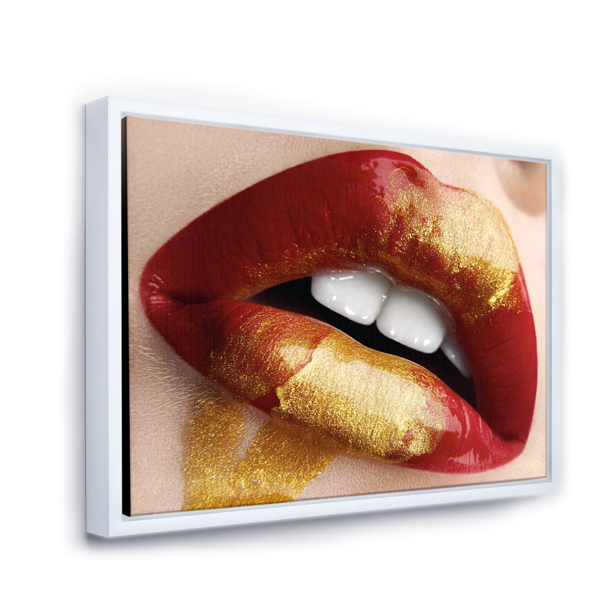 Plump Woman Lips With Gold and Red 32 in x 16 in Framed Photography Canvas Art Print, by Designart