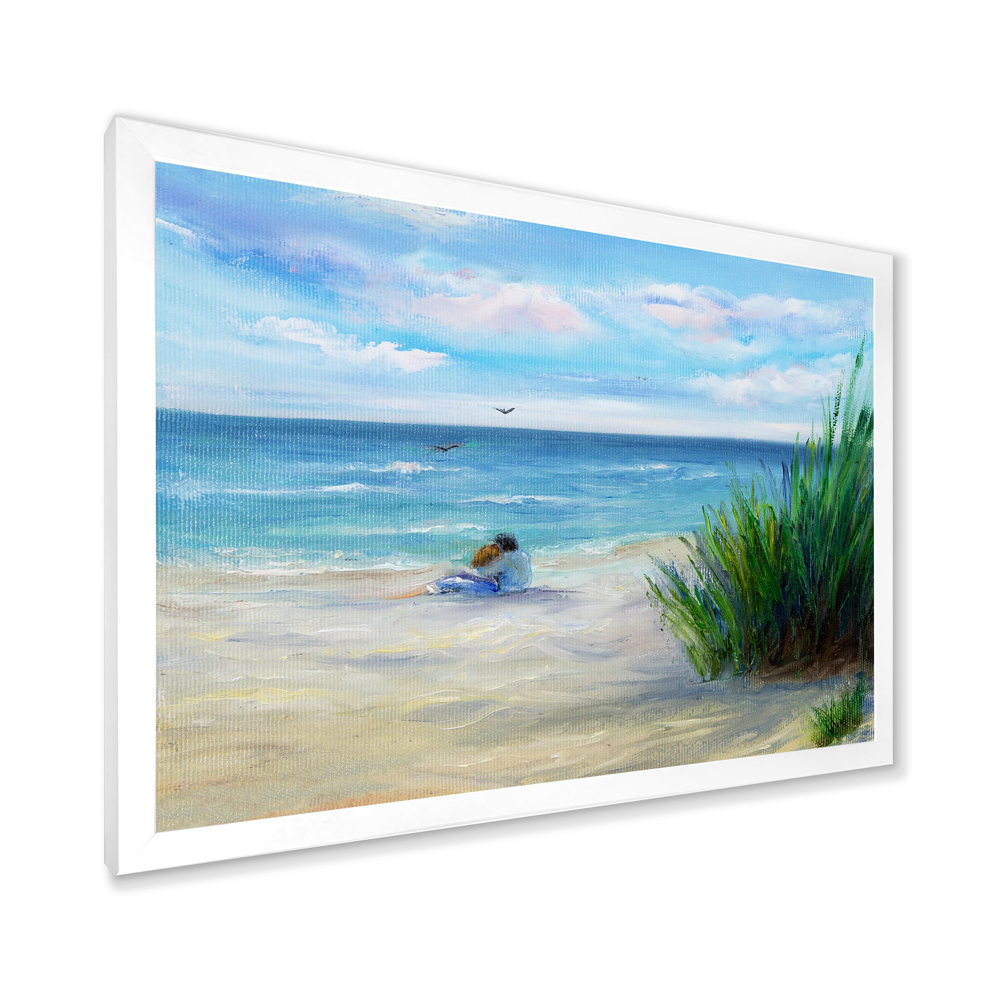 Designart 'Couple Sitting In Love By The Beach' Nautical & Coastal Framed Art Print