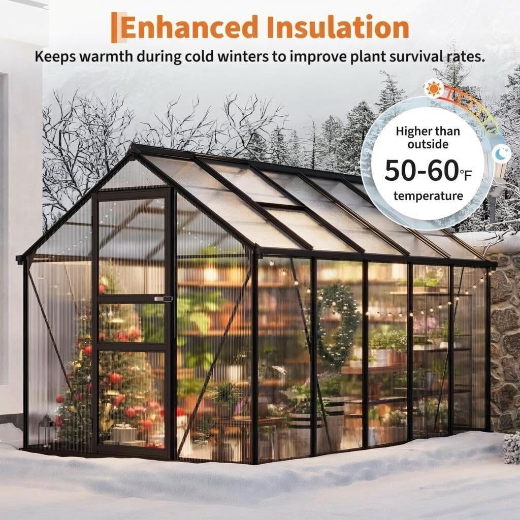 8x10FT Walk-In Aluminum Greenhouse, Heavy Duty Polycarbonate, Quick Setup with Roof Vent & Lockable Door for Backyard/Patio
