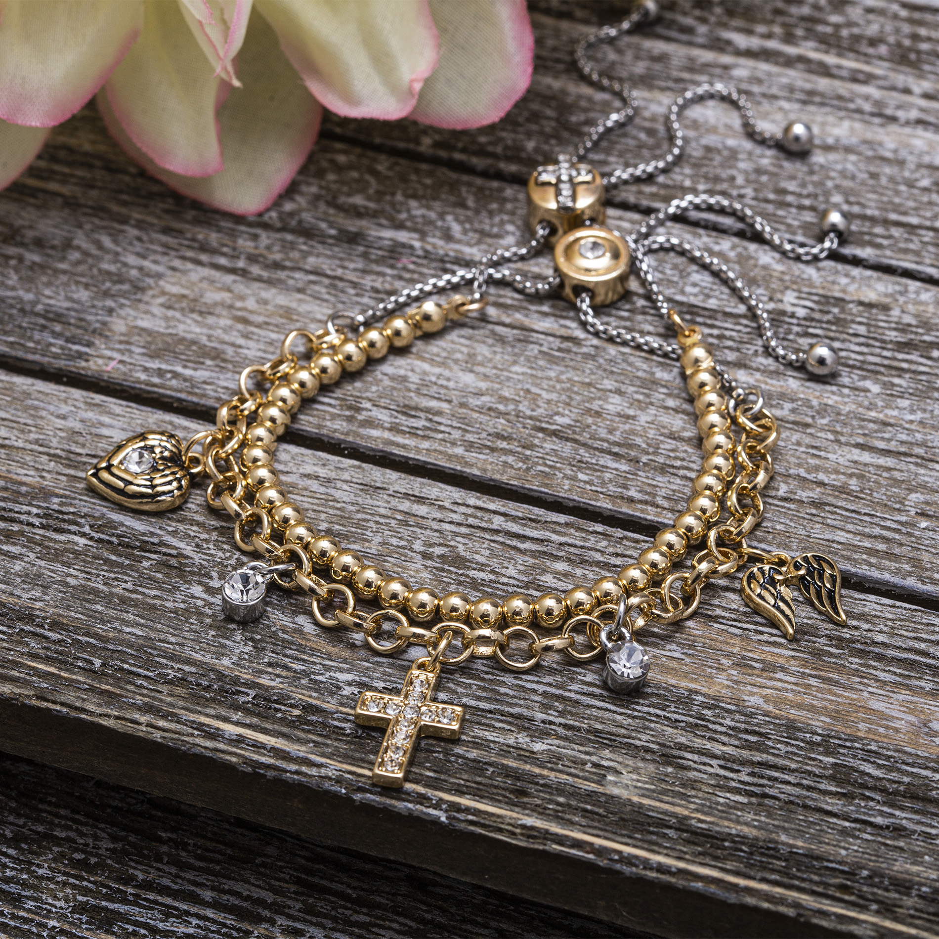 Beloved & Inspired Inspirational Dangle Charm Slider Bracelet in Two-Tone Brass for Women