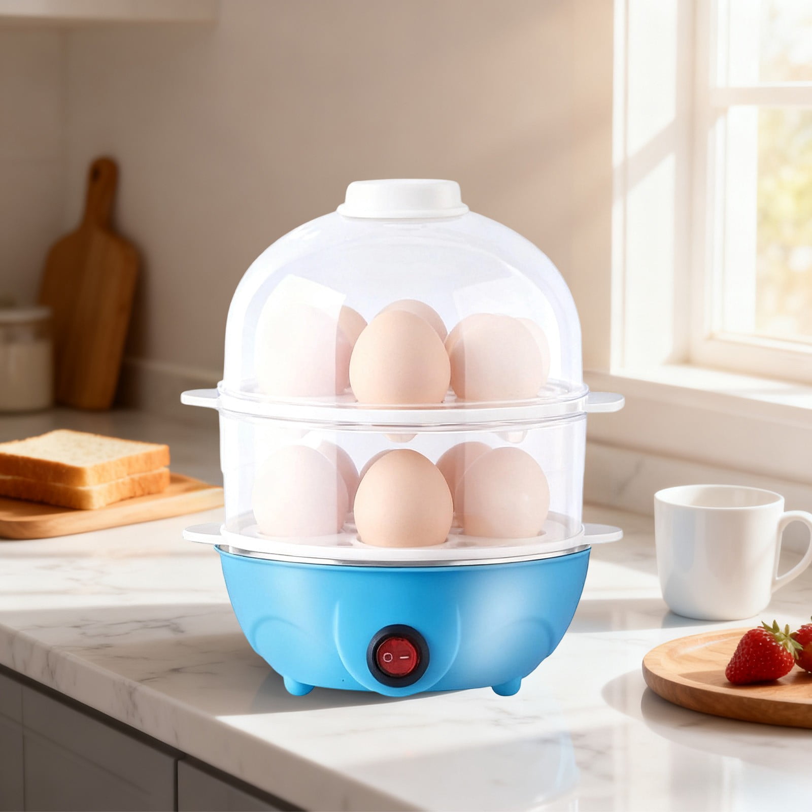 Djiypn Rapid Egg Cooker, Mini Egg Cooker, Easy Egg Cooker Electric 12-Egg Capacity, Soft, Medium, 2-Tier Hard-Boiled Egg Cooker with Auto Shut-Off, Sky Blue