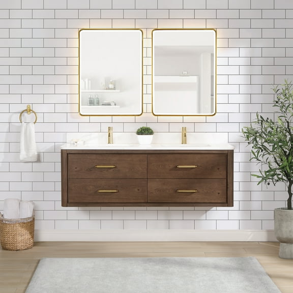 Cristo 60M" Aged Dark Brown Oak Double Bath Vanity with Fish Maw White Quartz
