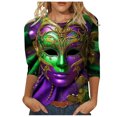 thumbnail image 2 of Jsaierl Mardi Gras Clothings for Women 3/4 Sleeve Mask Graphic Blouse Carnival Themed Tees Party 3D Print Tops Funny Gifts Parade Tshirt, 2 of 5