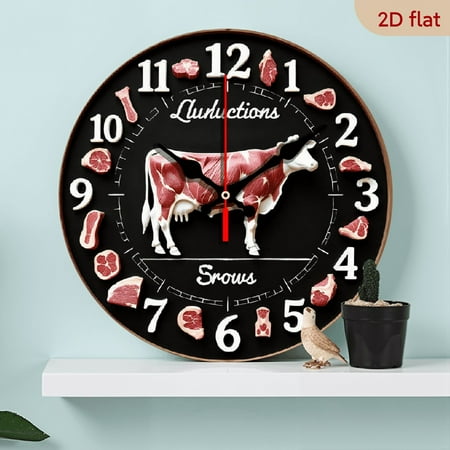 2D Flat 1pc 10Inch Wooden Silent Wall Clock with Butcher'S Chart Design - Quartz Movement, Blackboard-Like Look, Farmhouse Kitchen Decor, Living Room, Office, Cafe - (AA Not Included)