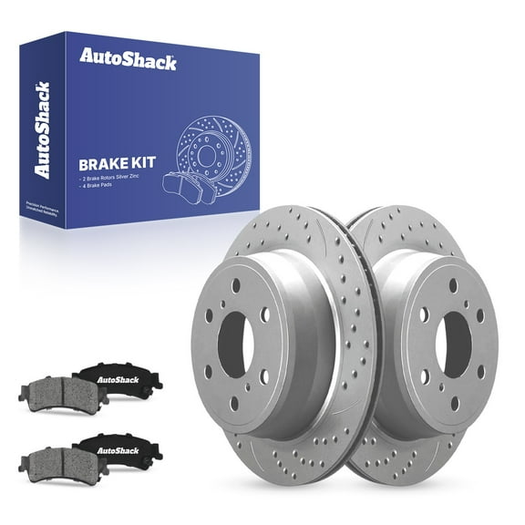 AutoShack 13.57" (345 mm) Rear Vented Drilled & Slotted Brake Rotors Coated   Ceramic Brake Pad | Replacement for 2007 GMC Sierra 1500 Classic | Silver Zinc Coated | 6-PC Brake Kit | SilverShield Pro