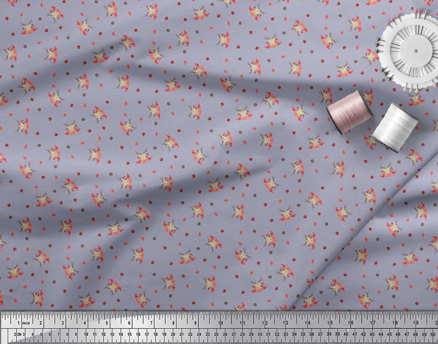 Soimoi Grey Poly Georgette Fabric Reindeer Face & Baubles Christmas Print Fabric by the Yard 52 Inch Wide