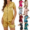 thumbnail image 4 of KelaJuan Women’s Satin Pajama Set Summer Short Sleeve Heart Embroidery Button Shirt + Shorts Set Loungewear, 4 of 4