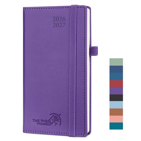 POPRUN Pocket Planner 2026-2027, 3.5" x 6.5", (Aug 26-Dec 27) Academic Pocket Calendar for Purse with Storage Pocket, Vegan Leather Hardcover - Purple