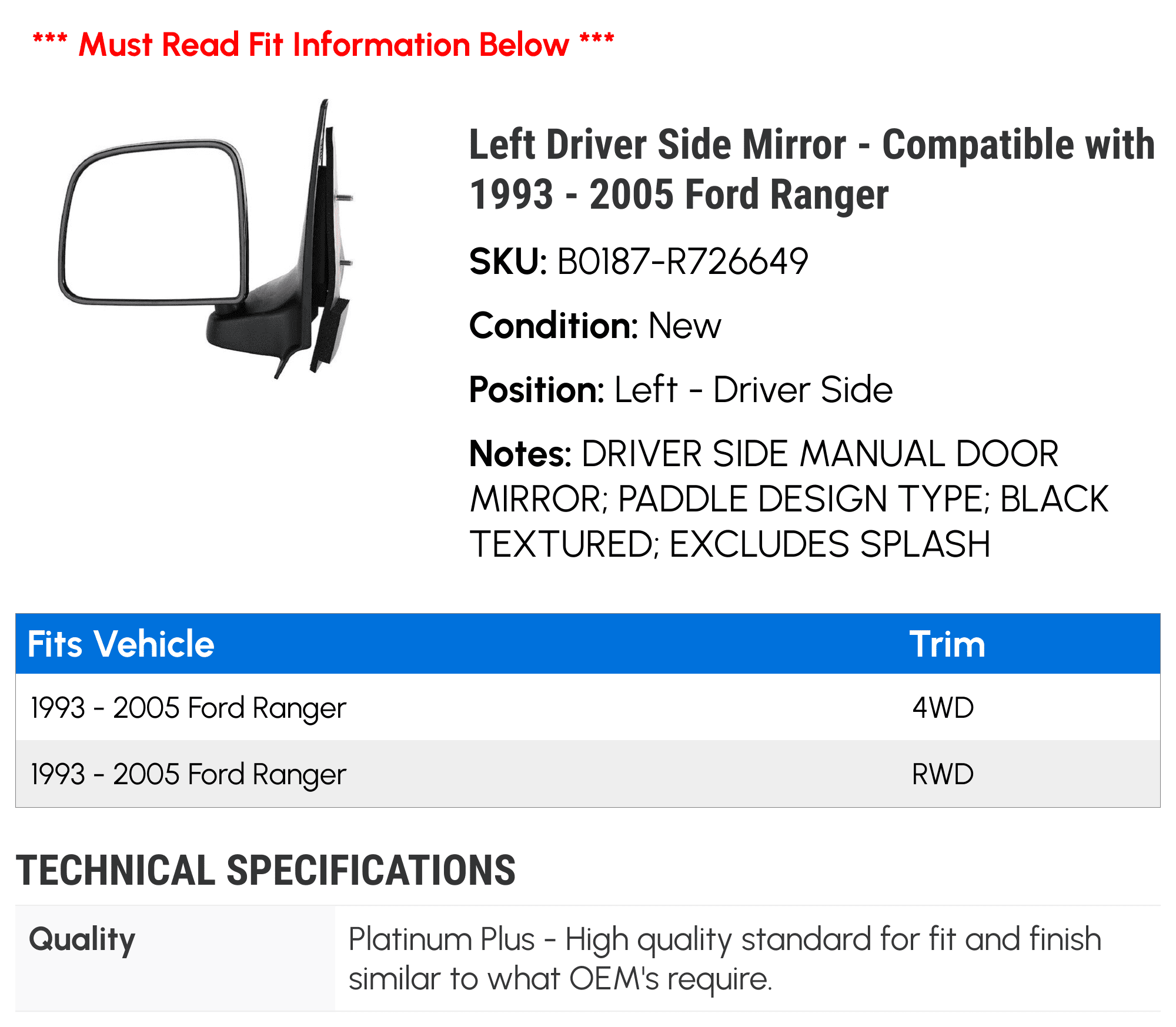 Left Driver Side Mirror - Compatible with 1993 - 2005 Ford Ranger 1994 1995 1996 1997 1998 1999 2000 2001 2002 2003 2004