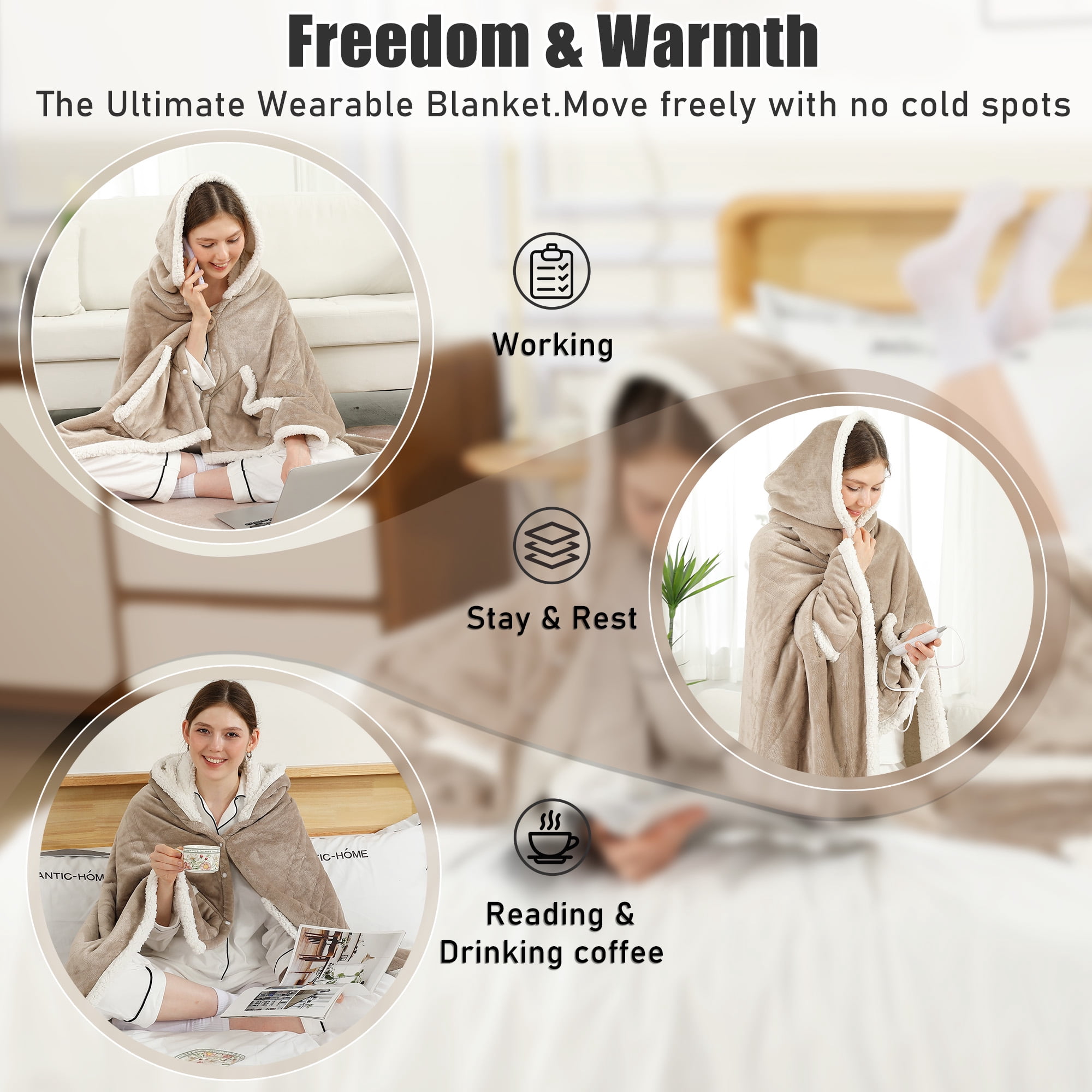TRUSTWARMTH Wearable Heated Throw Blanket 50"*64", Electric Heated Throw Blanket Wrap Poncho with Hood Pockets, 6 Heating Levels & 4 Hours Time Settings, Machine Washable, Beige