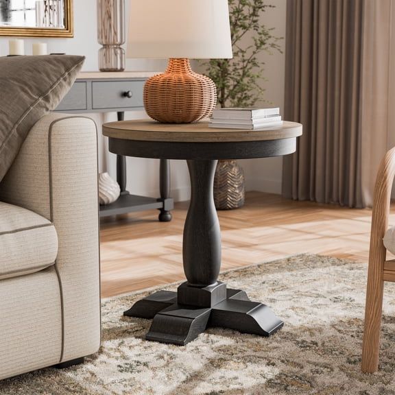 Furniture of America Millers Modern Solid Wood Round End Table, Weathered Black