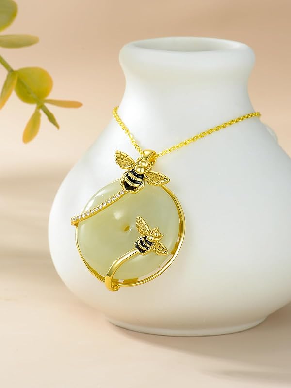 JKR Jade Necklace for Women Sterling Silver Round Cat/Hummingbird/Dragonfly/Butterfly/Bee Jade Jewelry Birthday Gifts Women Mom Wife Grandma