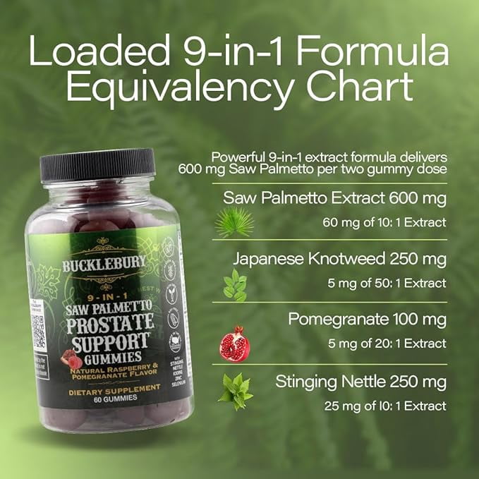 9-in-1 Saw Palmetto Gummies for Prostate and Urinary Support - Natural Raspberry and Pomegranate Flavour Plant-Based Dietary Supplement for Bladder Emptying and Hair Loss - 60 Gummies