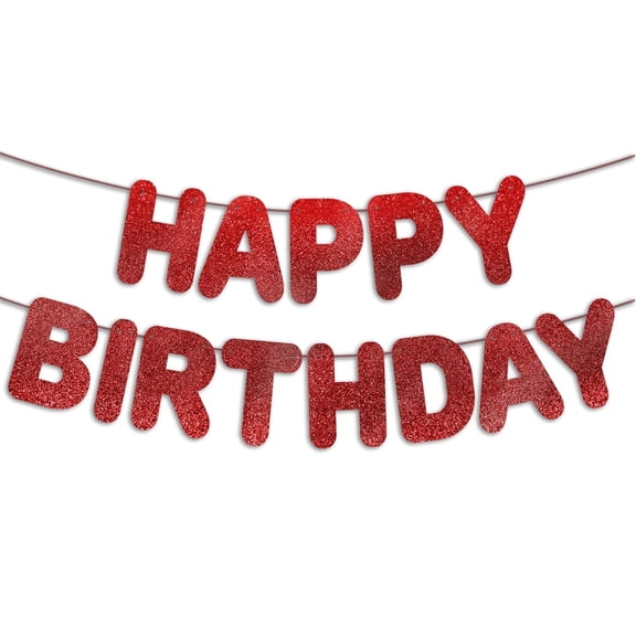 Pre-Strung Happy Birthday Banner - Red Glitter, 30th-80th Birthday Party Decorations & Decor for Women, Men, Boys & Girls