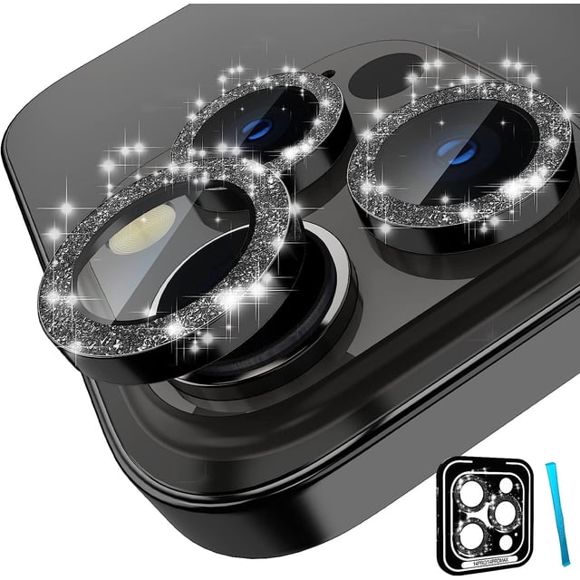 LAICAIW for iPhone 14 Pro/iPhone 14 Pro Max Camera Lens Protector Bling, HD Tempered Glass Shining Decoration Lens Screen Protector Individual Aluminum Alloy Metal Ring, Glitter Black