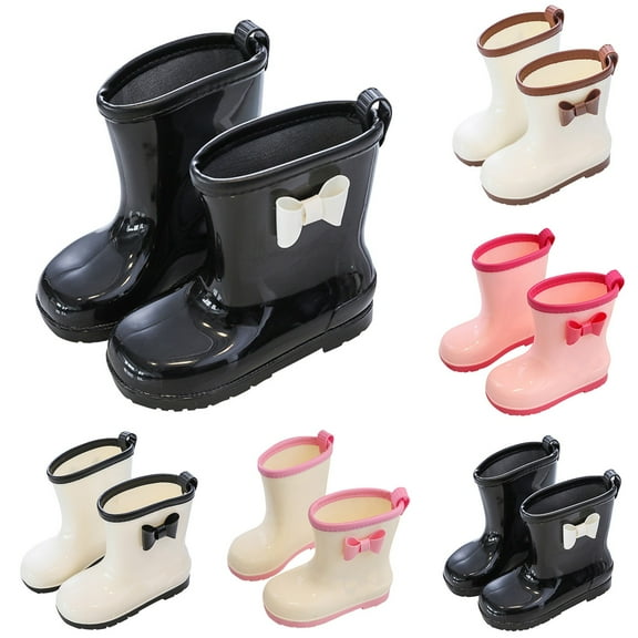 Hpapadks Rain Boots For Boys Bow Non Slip Classic Rubber Waterproof Water Shoes With Easy On Handles Outdoor Play Wide Calf Black 5-6 Y