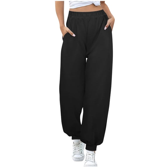 Women'S Casual Loose Pants Solid Color High Waist Elastic Waist Bottom Ankle Tied Workout Yoga Lounge With Pockets Trousers Black XL