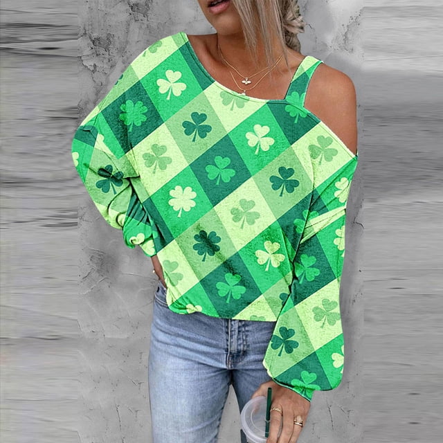 Hauts Mignons pour Femmes Mode Sweat-Shirt Imprimé Saint-Patrick Épaules Dénudées Graphique Manches Longues