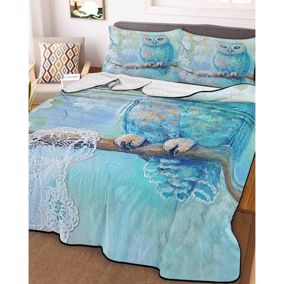 Teal Blue Owl Twin XL Size Down Alternative Comforter, Lightweight Comforter Quilt Bedding Set with Pillow Shams Modern Flowers Birds on Branch All Seasons Bed Comforter Duvet Insert 68"x98"