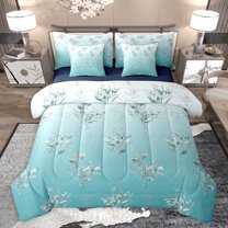 jejeloiu Vintage Plants Floral 7pcs Bedding Comforter Set,Retro Flowers Queen Bedding Sets,Cyan Green Queen Sheet Sets For Men Women,Breathable Home Decor Reversible