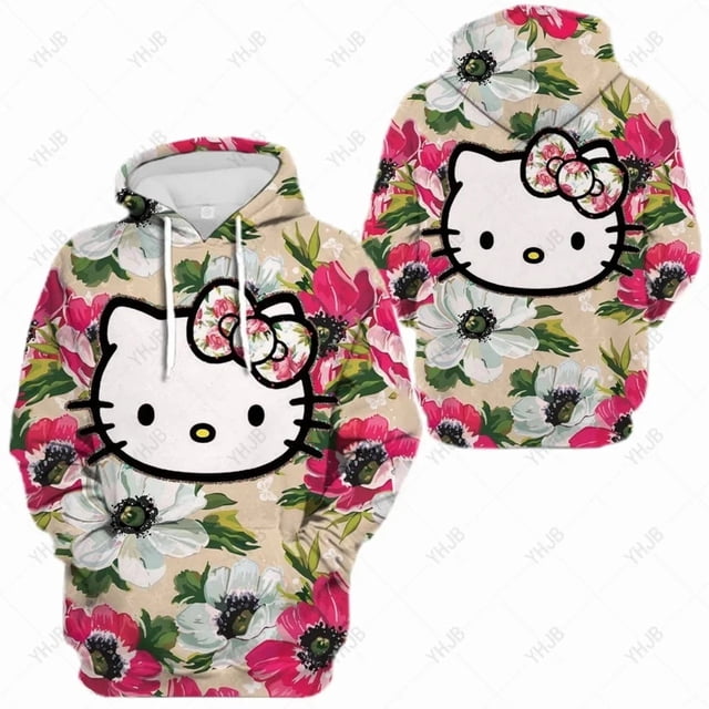 Suéter con capucha informal de moda para mujer con estampado de Hello Kitty y gatito lindo para otoño/invierno