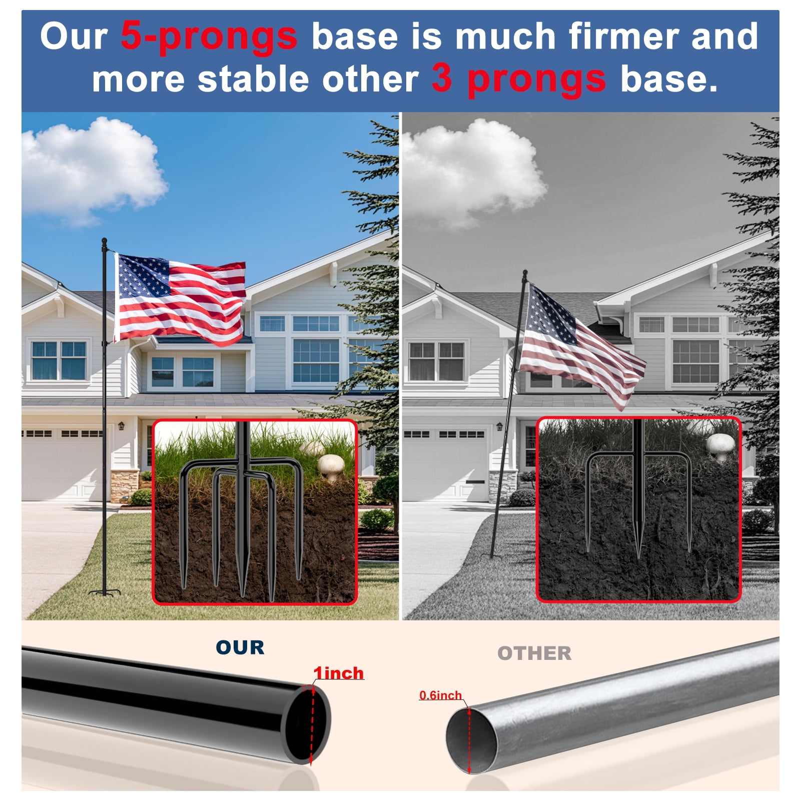 FIASON 9 FT Black Stainless Steel Tangle-Free Flag Pole Kit, Heavy Duty In-Ground Flagpole with Solar Light & 5-Prong Base for Yard, Garden & Commercial Outdoor Use, No Flag Included
