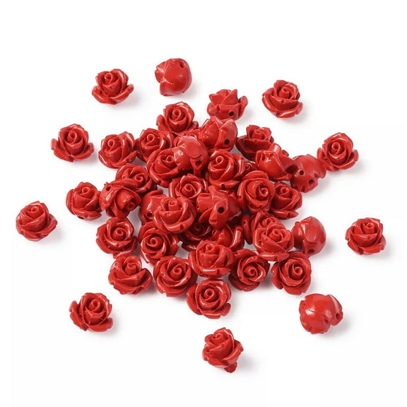 U8MO 50pcs 3D Rose Flower Cinnabar Resin Beads Red Carved Loose Spacers Beading 10mm