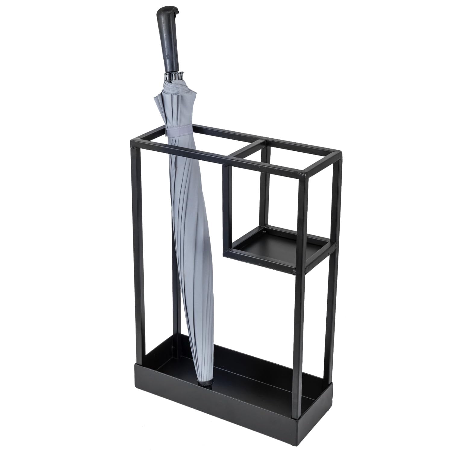 Modern Black Metal Entryway Umbrella Rack With Geometric Design  13 X 5-inch Wide Rectangular Freestanding Cane Holder Shelf For Small And Bottom Drip Catch Tray