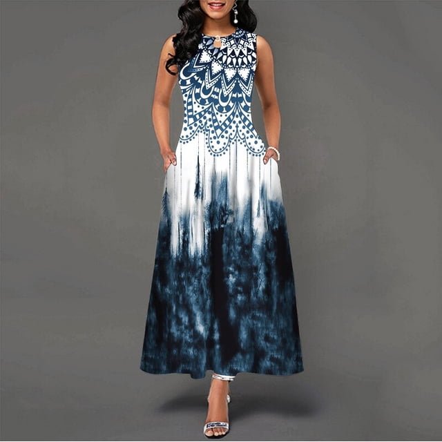 WAYOFLOVE Ladies Spring Summer Long Dress Women White Sleeveless V-neck Pockets Party Dresses Elegant Print Casual Vintage DressM Gao Jinjia LED