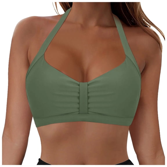 idosla Women Halter Bikini Top Only Retro Swimsuit Top Push Up Bathing Suit Top No Bottom (Army Green, M)