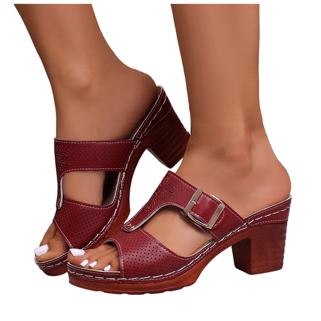 Sandales à Talons Épais Découpées pour Femmes, Bride à Boucle Ajustable, Mules à Bout Ouvert, Chaussures à Enfiler Rétro pour Robe, Rouge, Taille 6
