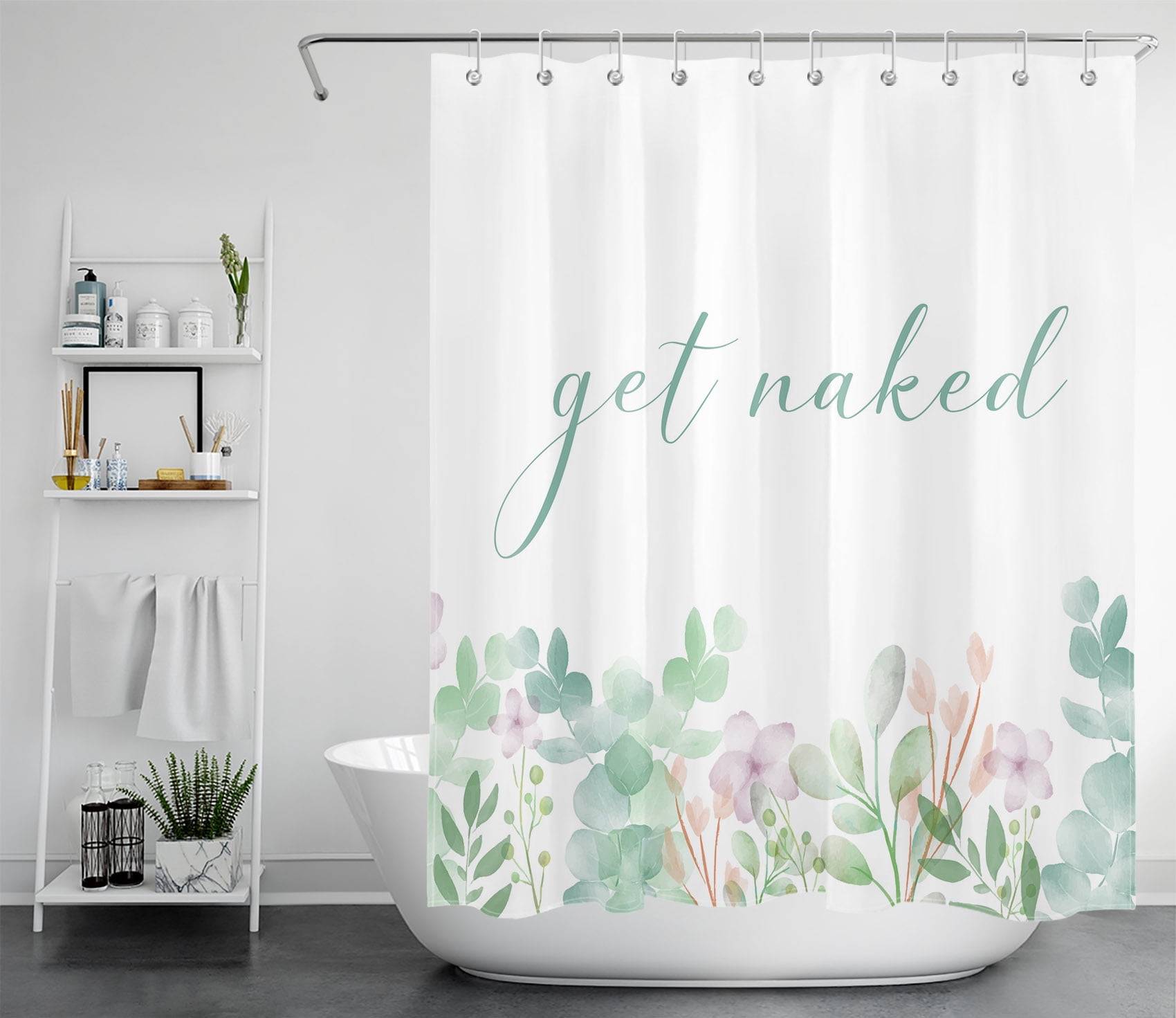 HVEST Get Naked Shower Curtain for Bathroom Decor,Green Leaves and Floral Shower Curtain with Hooks Set,Watercolor Herb Plant Polyester Waterproof Durable Fabric Bath Accessories,60x72 Inches