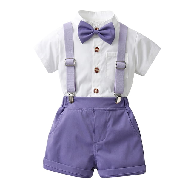 Odeerbi Chicos 4 Piezas Caballero Traje Formal Color Bloque Rayas Vestido Camisa y Traje Cortos Con Colgantes Corbata de Proa Conjunto de Uniforme Escolar