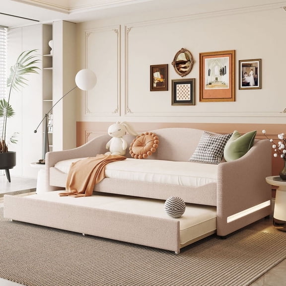 [Luckynote]Teddy Fleece Twin Size Upholstered Daybed with Light and Trundle, Beige