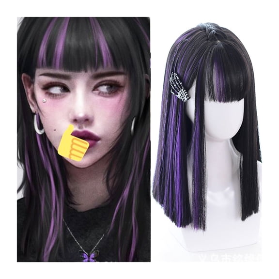 Medium Length Straight Hair Wig with Bangs, Synthetic Purple Highlights Black Bangs Wig Natural Looking Daily Cosplay Party Wig for Women Girls