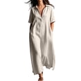 thumbnail image 3 of VBVC Women's Cotton Linen Button Down Maxi Dress , Summer Side Slit Dress For Women , Ladies' Short Sleeve Shirt Dress with Pockets,Beige,S-3XL, 3 of 9