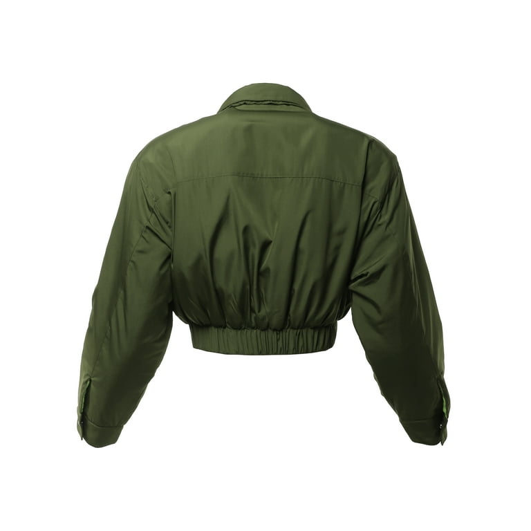A2Y Women s Cropped Front Two Pocket Snap Quilted Padding Bomber Jacket Olive S