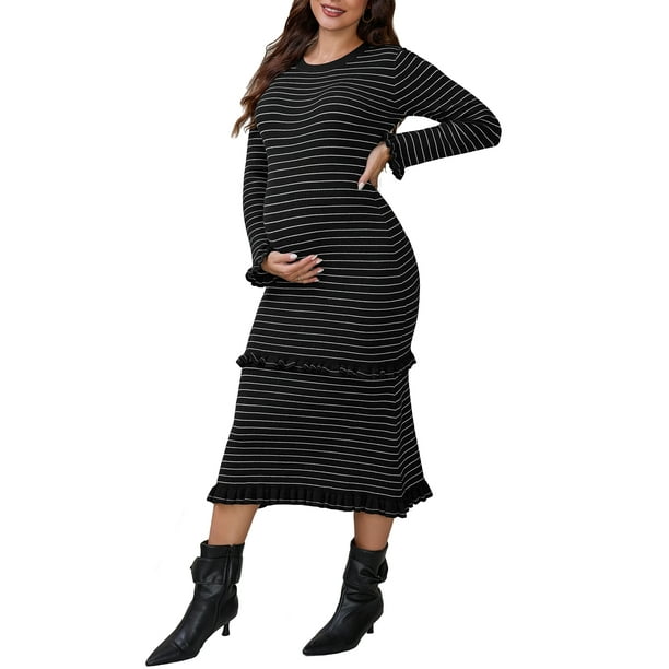 black winter maternity dress Sexy Black Beaded Deep V-neck Thigh-high Slit Maternity Dress, Black / XL