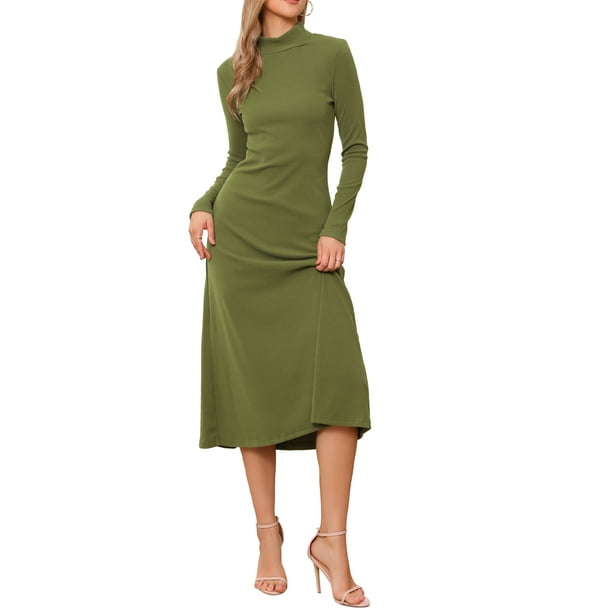 Vestido de suéter de cuello alto de manga larga para mujer Inspire Chic, maxi vestido de punto acanalado, M, verde aguacate