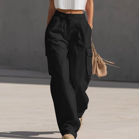Mifsaly Lightweight Cargo Pants for Women with Pockets High Waisted Wide Leg Lounge Joggers Comfortable Loose Fit Work Office Everyday Bottoms Black,XL
