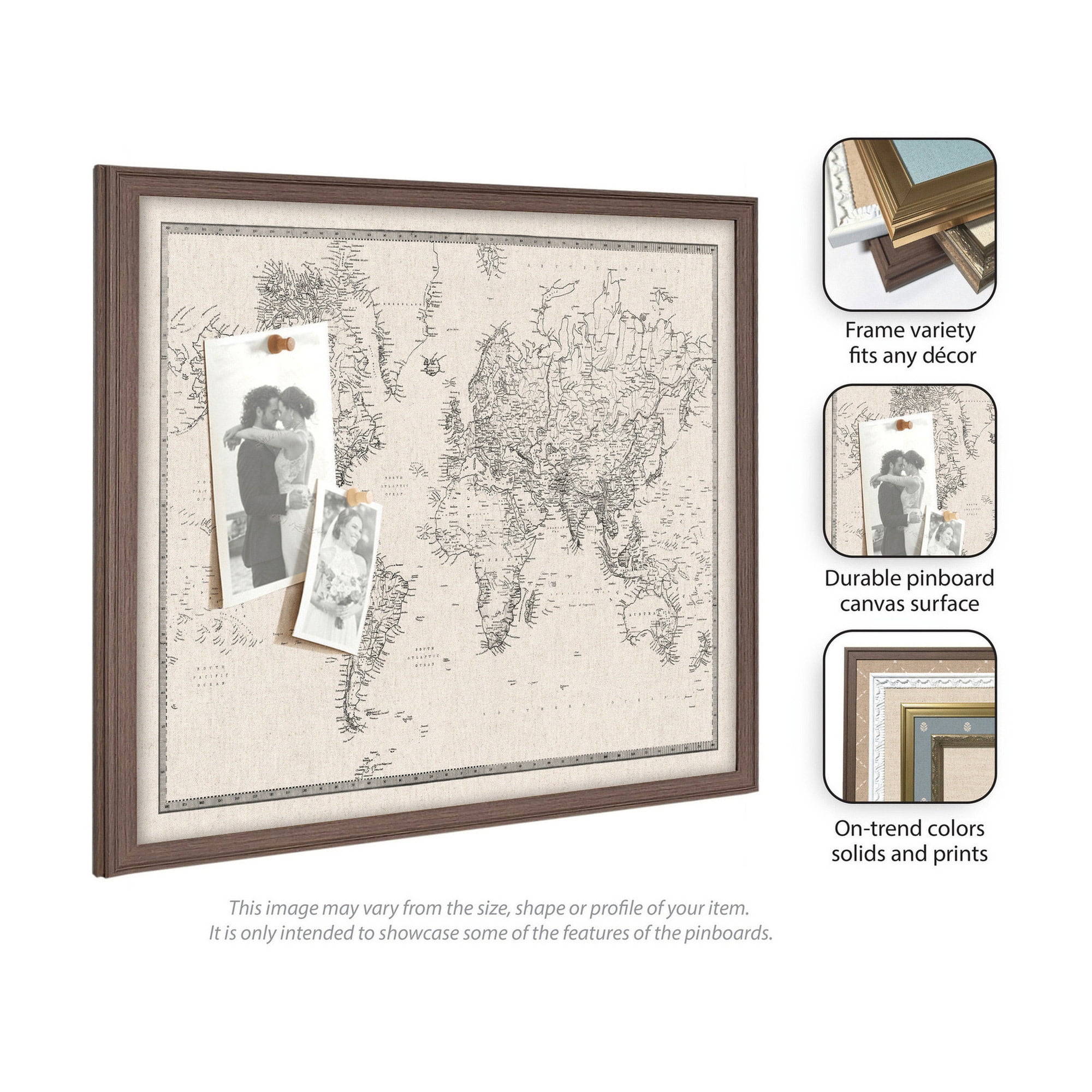 Kate and Laurel Framed Fabric Pinboard 26 x 20, Vintage Black and White Linen World Map Printed Linen Classic Bulletin Board for Use as a Vision Board or Wall Organization, Florence Pewter Frame