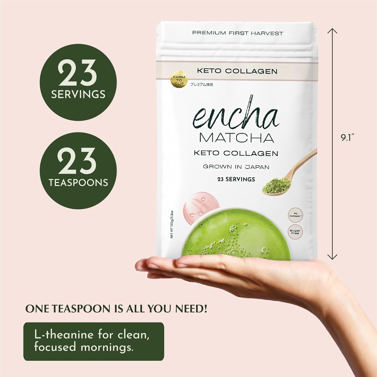 Encha Matcha Latte Powder - Keto Collagen Matcha Powder - First Harvest - Premium Japanese Macha - 150g / 5.3oz